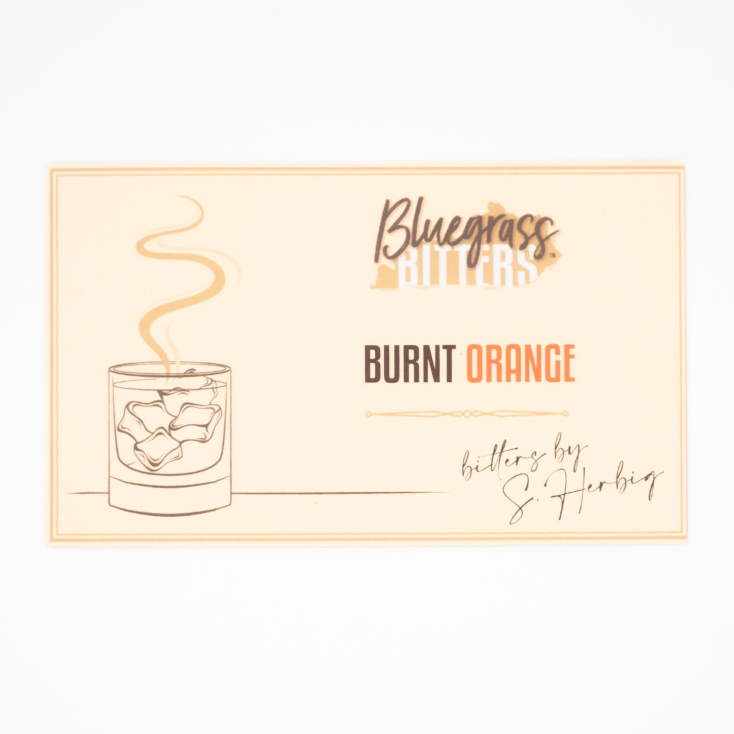 Recipe card for Bluegrass Bitters Burnt Orange on a beige background